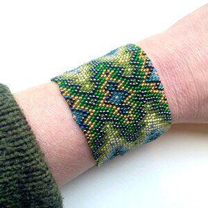 Handmade Wide Seed-Bead Cuff Bracelet with Geometric Design